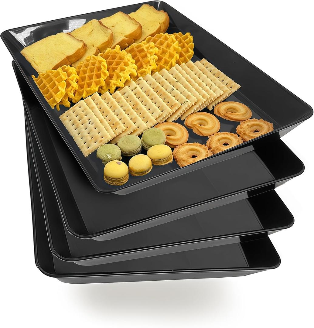 Serving Tray Platter, 4 Pcs Food Tray for Veggie Fruit Snack Dessert Cookie Cheese, Food Trays for Party Supplies Display, Plastic Platters for Serving Food, Large Trays, BPA Free (16.0'' x 11'' (4 Pack), Black)