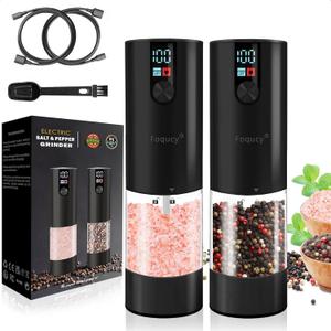 Electric Salt and Pepper Grinder Set - Upgraded Larger Capacity, with display screen and LED lights, USB Rechargeable, Adjustable Coarseness, 2 Pack(Black)