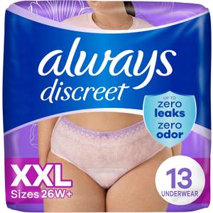 Always Discreet Adult Diapers for Women, Incontinence Underwear, Postpartum Essentials, Disposable Briefs, Max Absorbency, Bladder Leak Protection, 2XL / XXL, 13ct