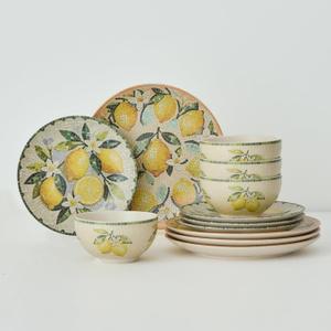 12-Piece Ceramic Dinnerware Set for 4, Lemon Mosaic Printed Plates and Bowls Set, Mediterranean Style Matte Stoneware Tableware for Home Dining & Gifting, Microwave & Dishwasher Safe, Large
