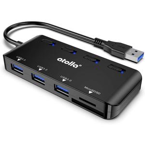 USB SD Card Reader, atolla USB Hub with SD/Micro SD Card Reader, USB Splitter with 3 USB Ports, 2 Card Slots and Individual LED Power Switches (Black)