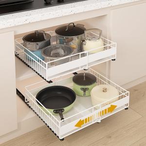 REALINN 2 Pack Pull Out Cabinet Organizer, Expandable(12"-20") Slide Out Drawers 3 Slide Rails Fix with Adhesive or Screw, Roll Out Shelves for Kitchen Cabinet Organization, White, 12cm height