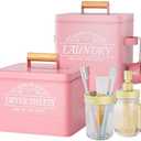 BSSN Farmhouse Laundry Storage Set - Metal Canister for Laundry Pods & Dryer Sheets, Glass Soap Dispenser & Toothbrush Holder | Pink Rustic Decor with Scoop | Laundry Room Organization
