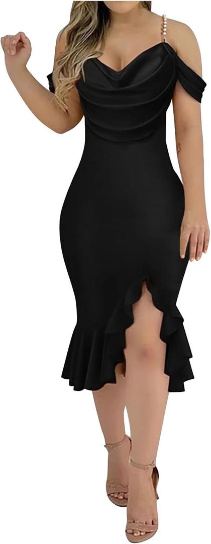 Womens Sexy Bodycon Party Dress Off The Shoulder Pearls Strap Midi Dresses Ruffle Hem Elegant Cocktail Formal Dresses (Large, Black)