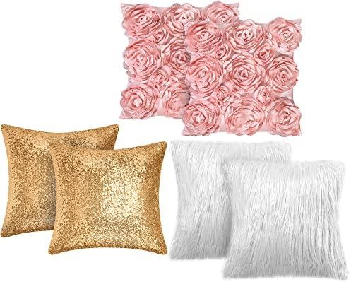 Oudain 6 Pcs Decorative 3D Rose Flower Pillow Cover, 16 x 16 Inch Faux Fur Throw Pillow Covers for Bed Square Sofa Bedroom Car(Pink, White, Gold)