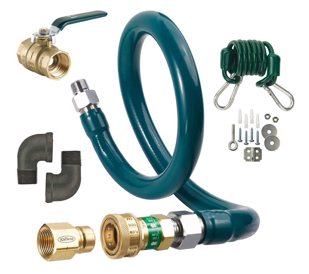 Krowne M7548K Royal Series Moveable Gas Connection Kit | Quick Disconnect Valve and Flexible Hose Connector Line for Commercial Kitchen | 68,000 BTU | 48"L x 0.75"W, Plastic Coated Stainless Steel