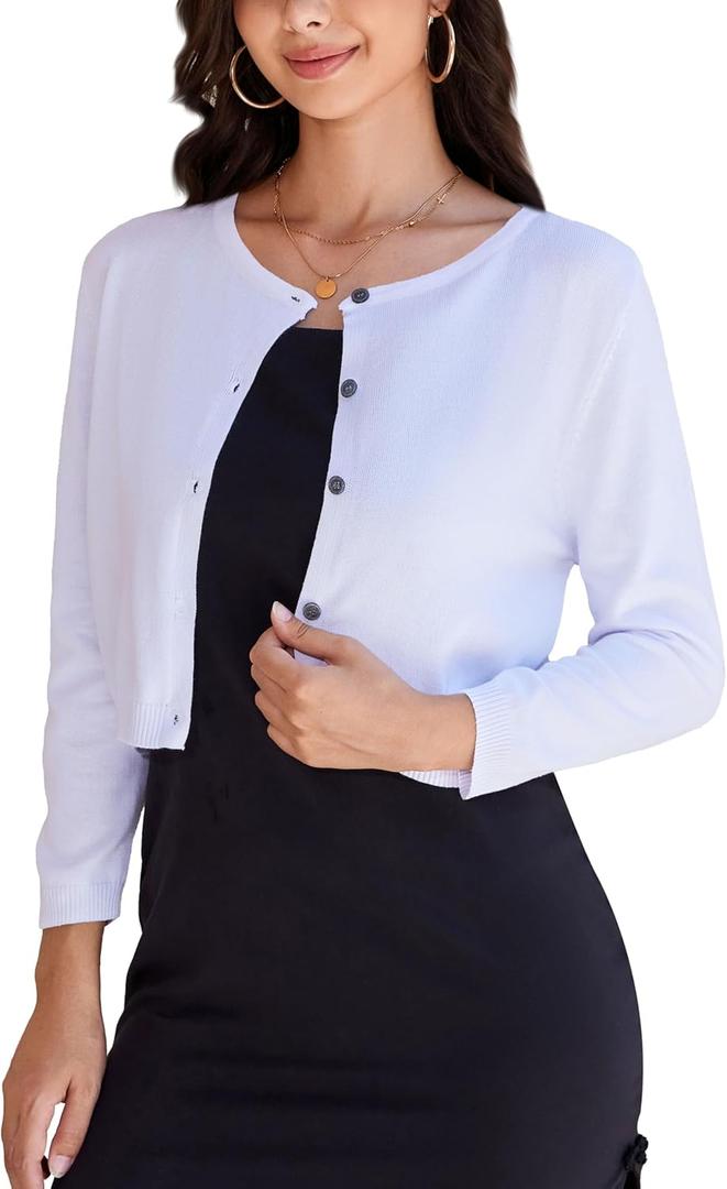 Women's Cropped Cardigan Sweater Crew Neck Button Down 3/4 Sleeve Soft Knit Bolero Shrugs (XX-Large, White)