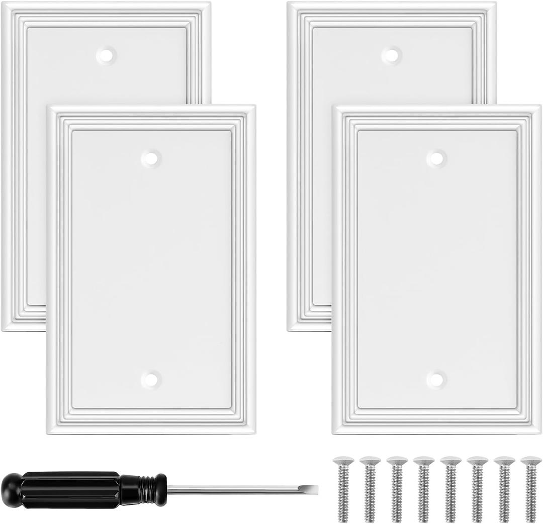 White Modern Decorative Wall Plate Light Switch Cover Decorator Outlet Covers Rocker Switch Plates Bamboo Fiber Material Wall Plates for Kitchen Bathroom (1 Gang Single Blank-4 Pack)