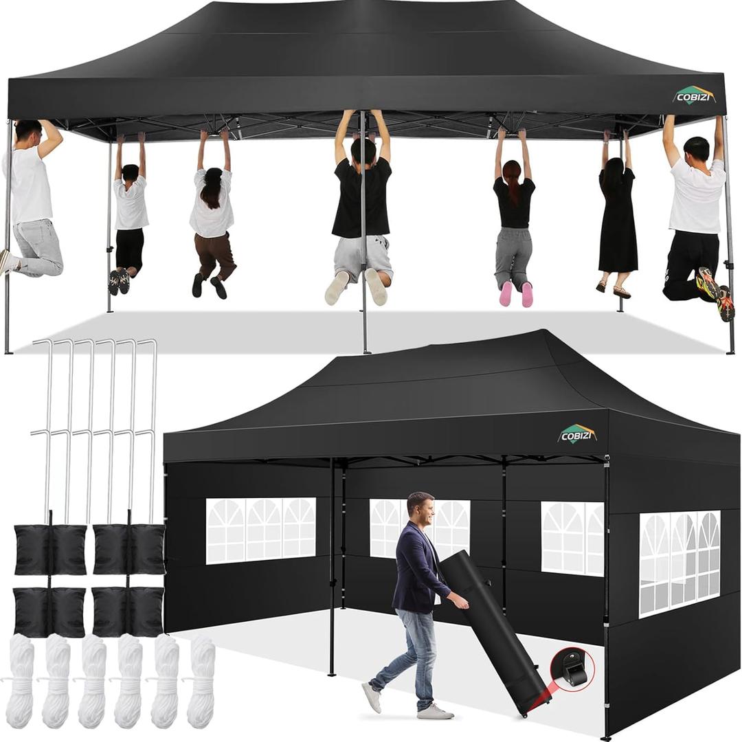 COBIZI 10x20 Pop up Canopy Tent 10x20 Canopy with 6 Sidewalls Waterproof Heavy Duty Commercial Canopy Tent for Parties Outdoor Tent Garden Gazebo Tent, Carry Bag with Wheel(10x20ft, Black)