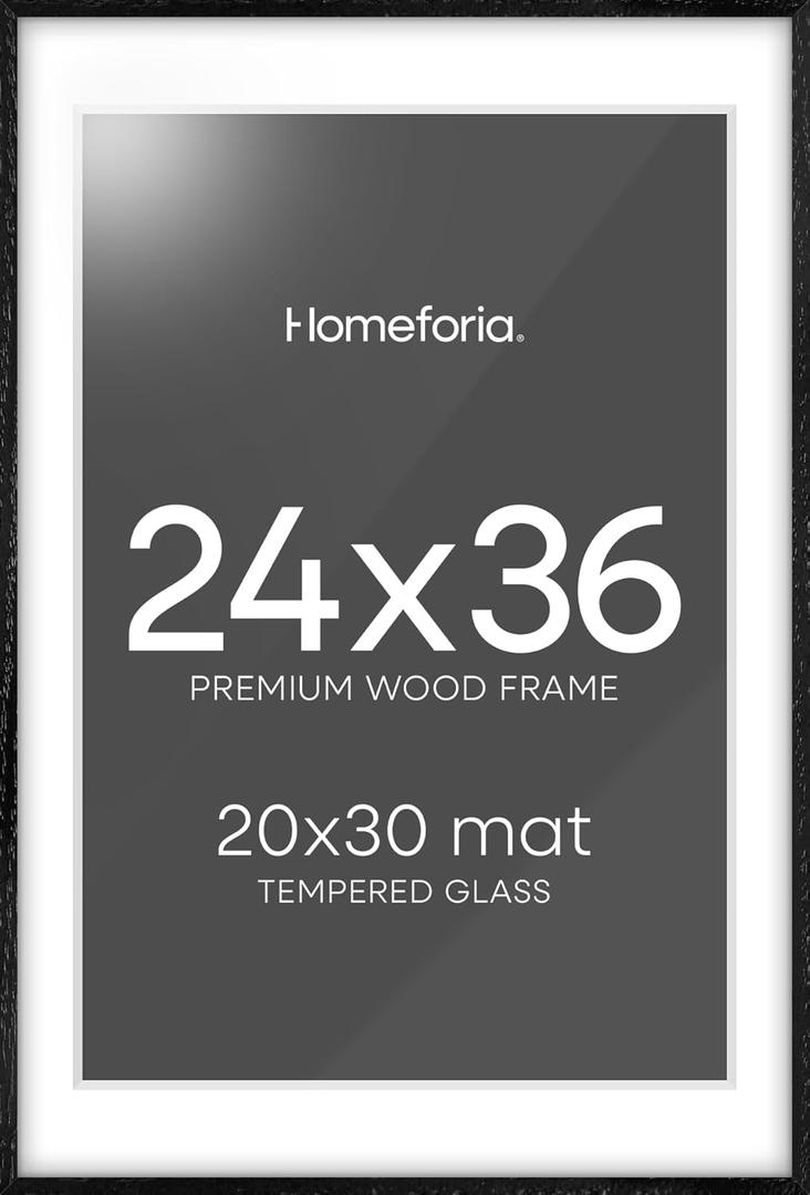 24x36 Black Wood Frame, High End Oak 24x36 Large Wooden Poster Frames with Mat 20x30 inch Photo, 24 x 36 Picture Frame Matted to 20 x 30, 36x24 Thin Frame, Tempered Glass, Wall Kit, Set of 1