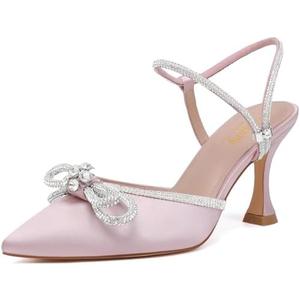 Susanny Women's Closed Toe Rhinstone Wedding Low Heel Slingback Clear Kitten Heels,Adjustable Strap Pointed Toe Bow Pumps High Heeled Prom Dress Shoes 6.5