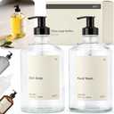 KIVY Glass Soap Dispenser Set [INCL. Waterproof Labels] - Glass Soap Dispenser with Pump - Hand Soap and Dish Soap Set - for Kitchen, Shower & Bathroom - Refillable (1X 16oz)