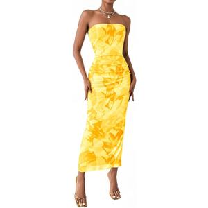 Women's Summer Dress Strapless Tube Top Maxi Floral Bodycon Dresses for Formal Party Vacation (Yellow)