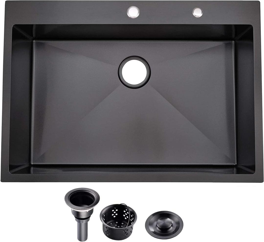 33x22x9 Drop In Kitchen Sink Black, Top mount SUS304 Stainless Steel Gunmetal Black Sink 18 Gauge Single Bowl, Handmade Commercial Modern Workstation Prep Kitchen Sinks