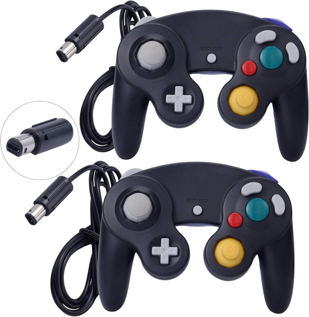 ONE250 2 Pack Classic Shock Joypad Wired Controller, Compatible with Wii NGC Gamecube Game Cube (Black & Black)