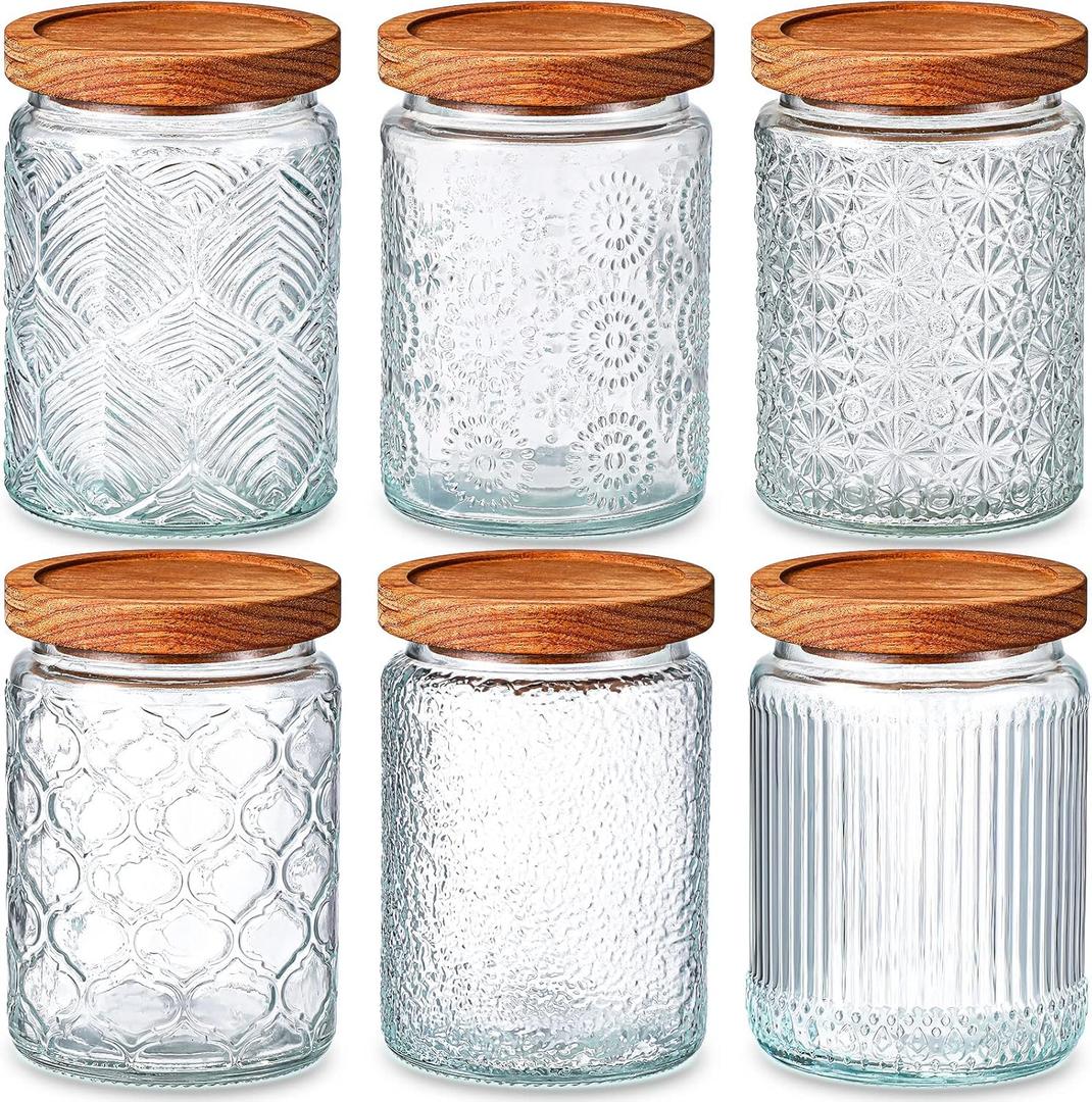 Sumind 6 Pcs Vintage Glass Jars with Wooden Lids 24 oz Airtight Glass Food Storage Containers Sets Clear Rustic Canisters Decorative Storage Jars for Kitchen Coffee Tea Candy Sugar Cereal Spice Flour
