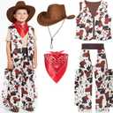 Xtinmee 4 Pcs Halloween Cowboy Costume for Boys Kids Toddler Western Outfit Cow Print Vest Brown Cowboy Hat Cosplay Bandanna (L(8-10 Years))
