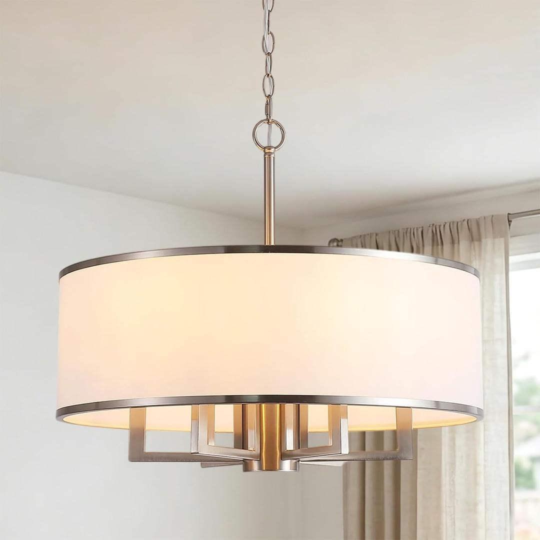 24" 6-Light Brushed Nickel Chandelier with White Fabric Drum Shade, Modern Adjustable Large Pendant Chandelier for Dining Room, Kitchen Island, Living Room, Bedroom, Entryway, E12 Socket, 23.6"