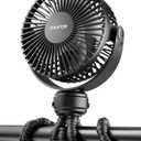 Gaiatop Mini Portable Stroller Fan, Battery Operated Small Clip on, Detachable 3 Speed Rechargeable, 360 Rotate Flexible Tripod Better Cooling for Car Seat Crib Treadmill Travel Black