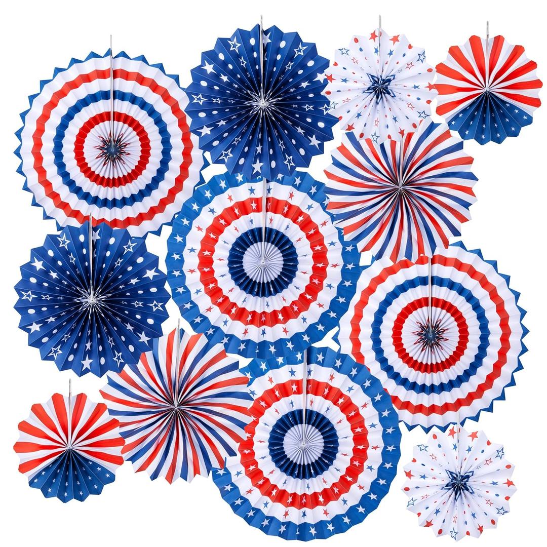 3 x Homarden Patriotic 4th of July Decorations - USA Themed Party Supplies - Patriotic Hanging Paper Fans for 4th of July, Memorial Day, Veterans Day - Set of 12 Colorful Decorations