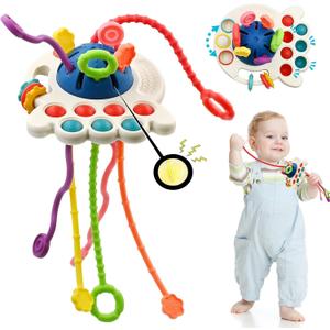 Sensory Montessori Baby Toys, Infant Toddler Travel Toys for Boy Girl, Soft Pull String Fidget Early Educational Learning Bath Toy for 18M+ Autism Birthday Gifts Christmas Stocking Stuffers, Blue