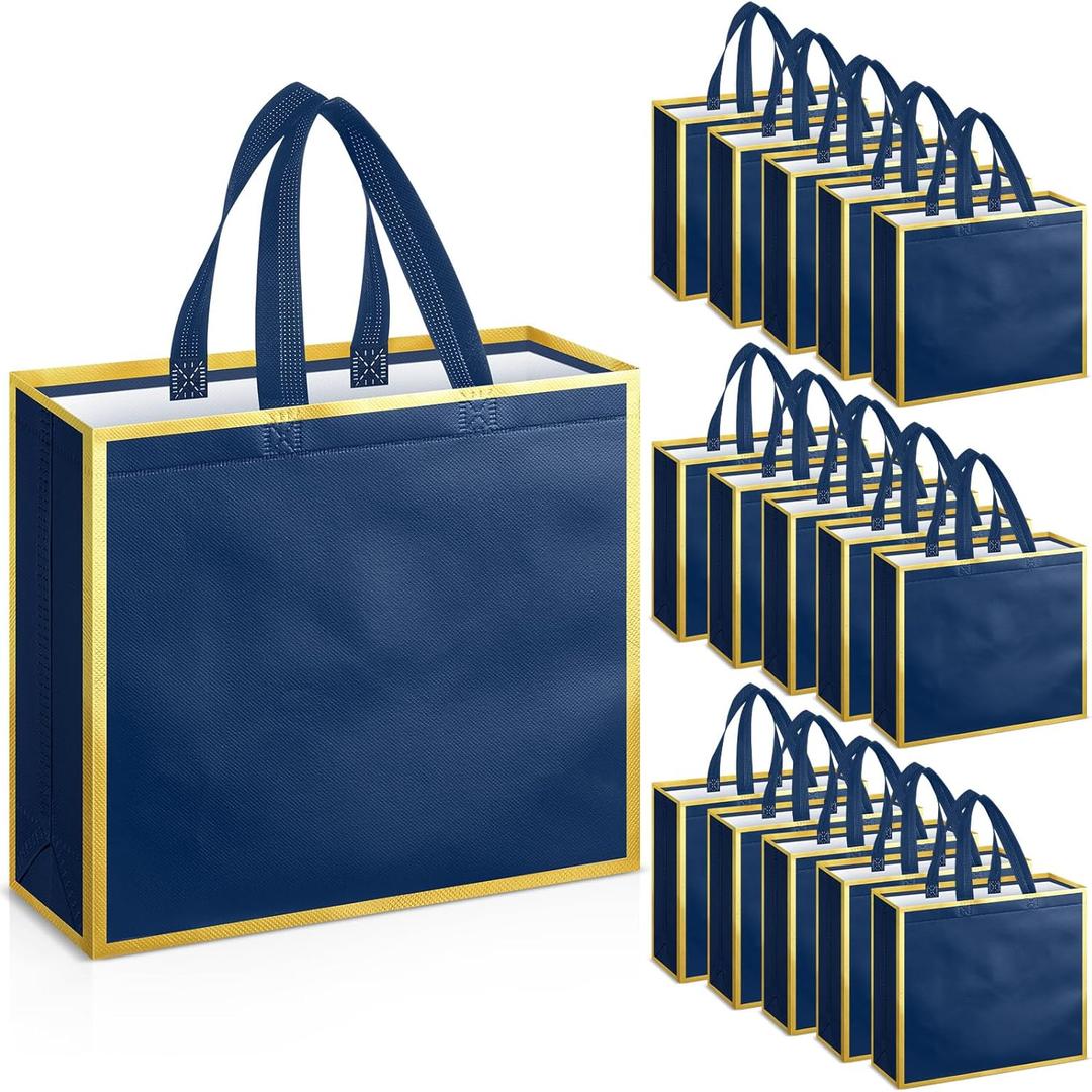 Sweetude 16 Pcs Reusable Gift Bags with Handles Valentine's Day Non Woven Reusable Goodie Gift Tote Bags for Shopping Retail Wedding Birthday Holiday Party Favor (Blue Gold, 12 x 4.7 x 11 Inch)