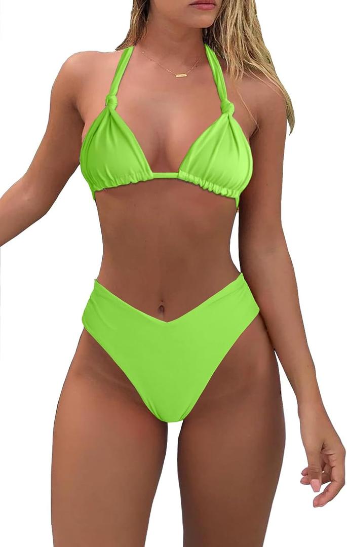 Bikini Sets for Women Sexy Halter Triangle String Bikini Cheeky V Cut High Waisted Thong Swimsuits 2 Piece (Medium, Bright Green)