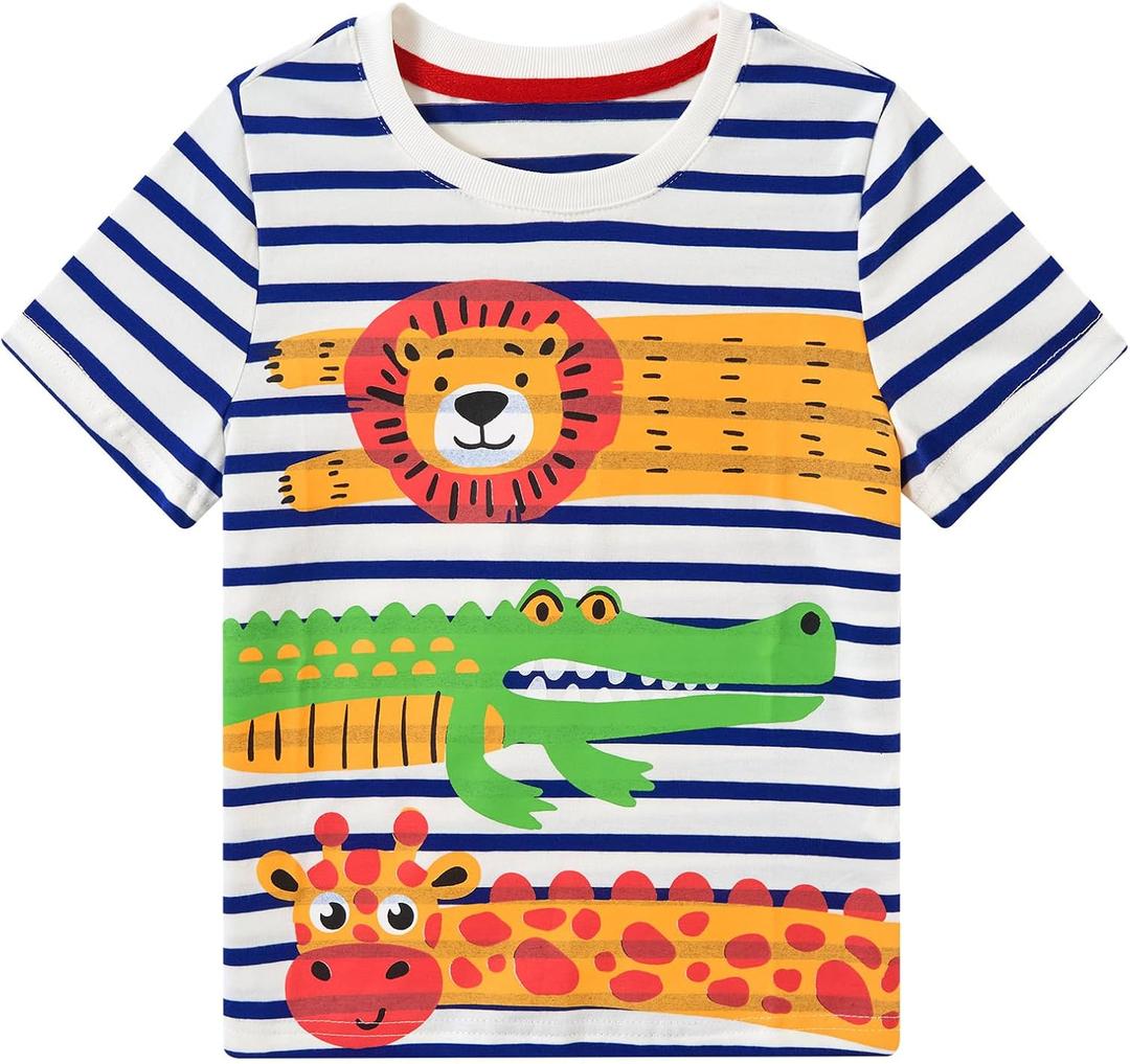 Kids4ever Boy Striped Tshirt Short Sleeve Round Neck Shirt for Kids (Animals) 4T