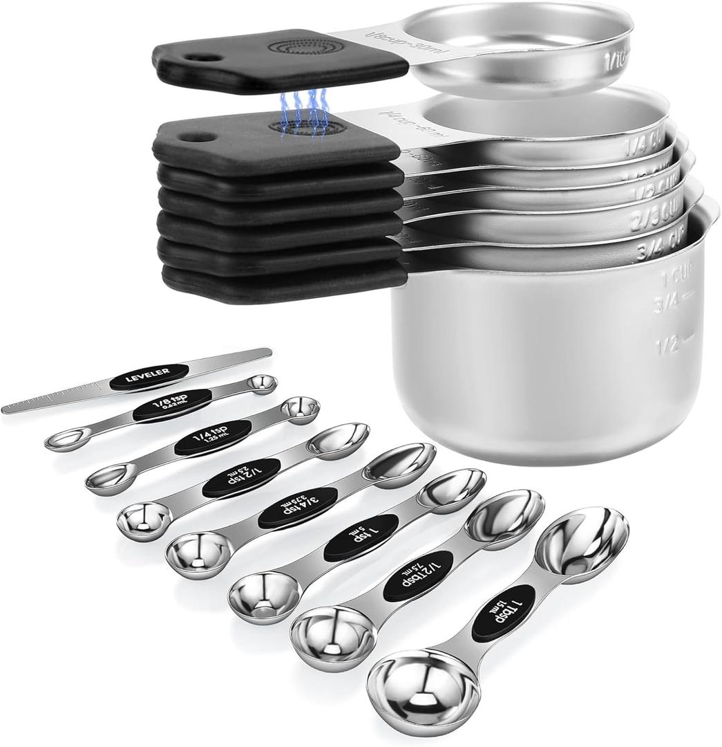 Magnetic Measuring Cups and Spoons Set, N52 Magnetic spoons Nesting Design, 304 Stainless Steel measuring cups, BPA Free, Dual-sided Design Set of 15 with Leveler for Dry & Liquid Ingredients Black