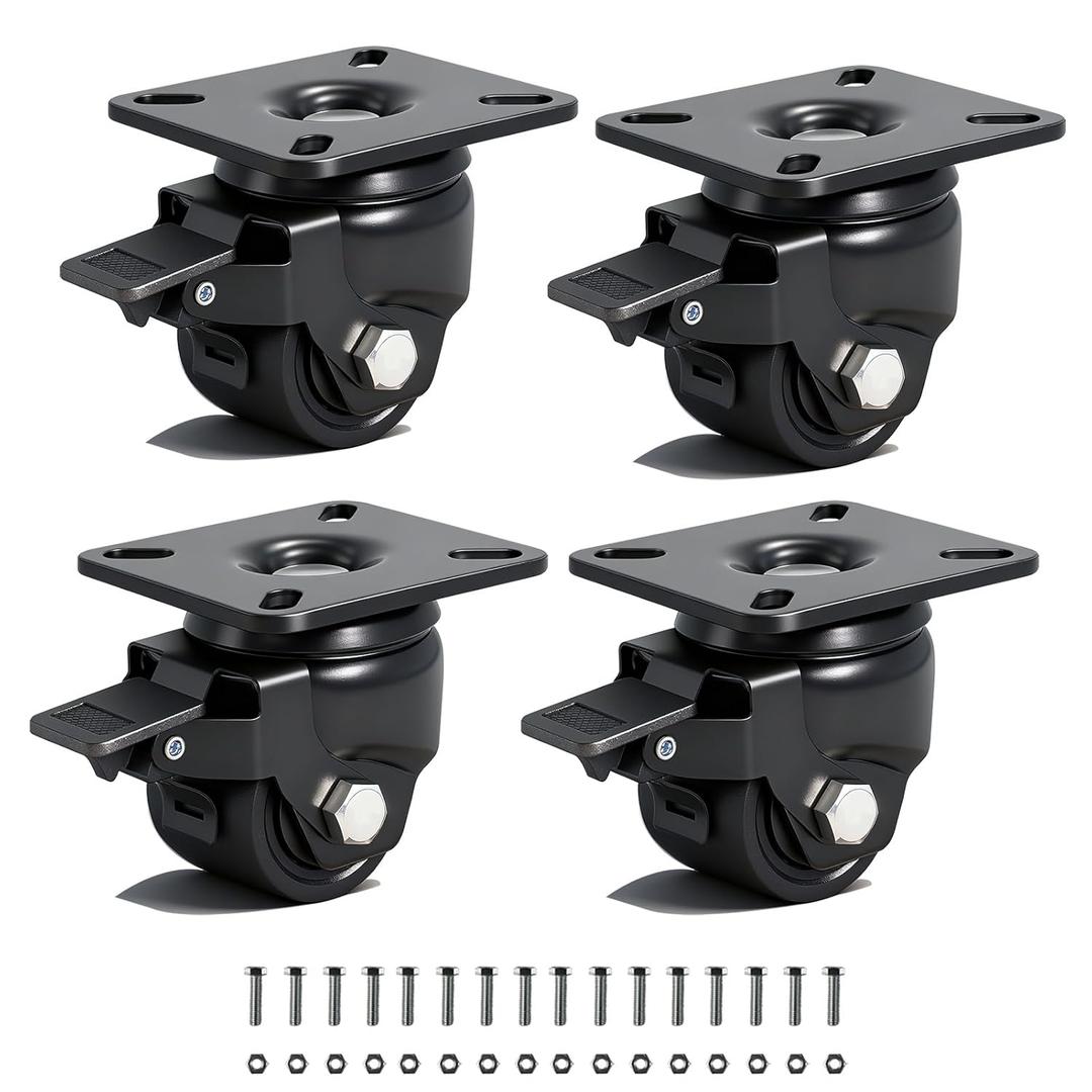 Heavy Duty Casters Wheels 2" inch Low Profile Caster Set of 4 Load Capacity 2200lbs, Swivel Plate with Wheel Brake Low Gravity Center Furniture Caster Wheel for Cart, Toolbox Workbench-Black