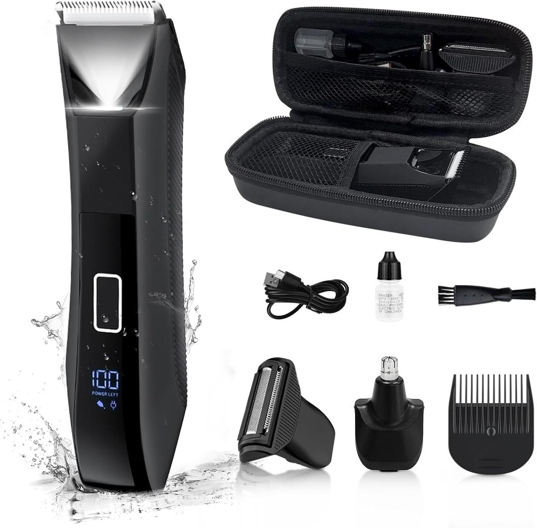 Body Trimmer for Men, Groin & Body Hair Trimmer, Ball Foil Shaver, Nose Hair Clippers, 3 in 1 Men's Waterproof Wet/Dry Groomer with Travel Case &Travel Lock, LED Display, Black