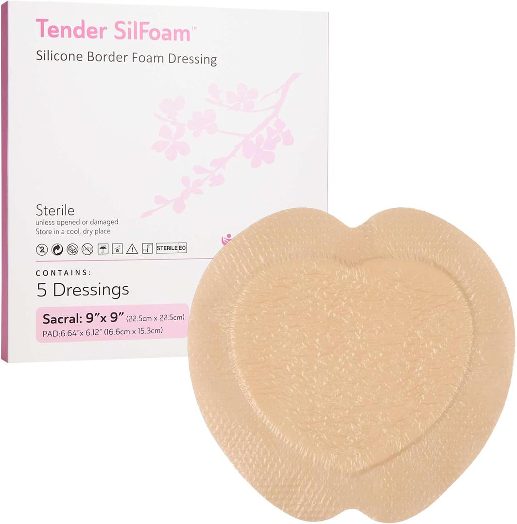 Sacrum Silicone Foam Dressing with Border - 5 9x9 Sacral Silicone Foam Dressings for Wound Care & Dressings - Absorbent and Good for Sensitive Skin