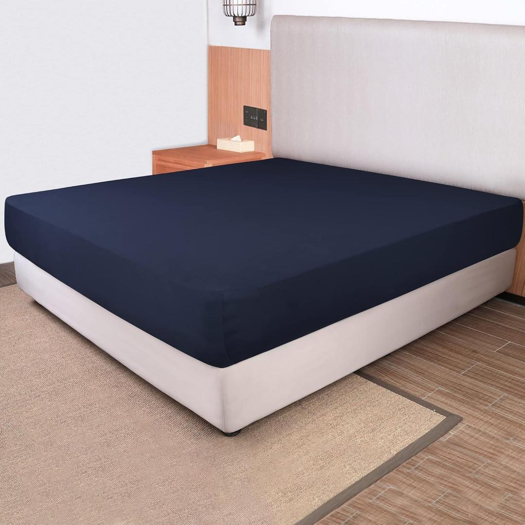 Queen Size Fitted Sheet Only - 4-Way Stretch Knit, Snug Fit, Wrinkle Free & Stay in Place, No More Slipping Off for Mattress, Soft & Comfortable - Navy Blue (Queen/Short Queen/Queen XL)