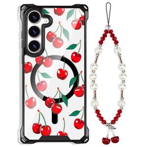 casesszoone for Samsung Galaxy S23 Cherry Case with Wrist Strap [Compatible with MagSafe] Magnetic Clear Four Corners Shockproof Cute Cherries Design Cover for Girls Women Teens Galaxy S23 6.1''
