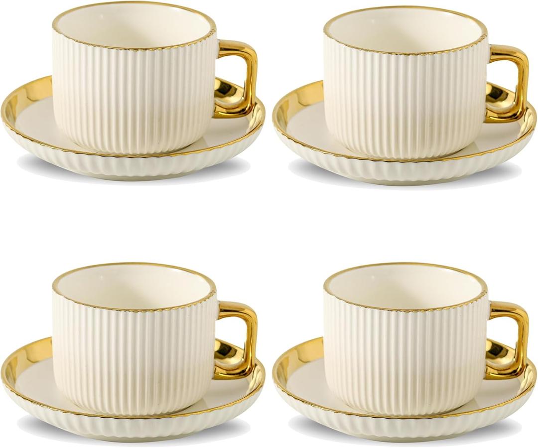 LETAOTAO Cappuccino Cups with Saucers, 8oz Ceramic Coffee Cups with Saucers Set, Latte Art Coffee Mugs with Gold Trim, Tea Cups Set of 4, British/Italian Coffee cups for Cafe Mocha, Double Espresso