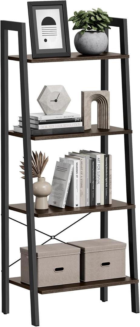 VASAGLE Ladder Shelf, 4-Tier Bookshelf, Storage Rack, Bookcase with Steel Frame, for Living Room, Home Office, Kitchen, Bedroom, Industrial Style, Hickory Brown and Ink Black ULLS44BF, Size: 4 Tiers (22"W)