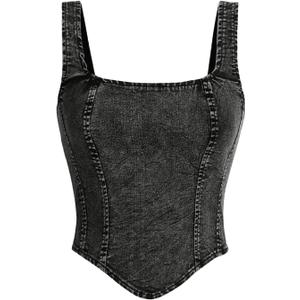 WDIRARA Women's Denim Corset Tank Top Asymmetrical Hem Crop Tops Sleeveless Zip Up Back Tanks (Medium, Black)