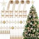 70 Pcs Rustic Burlap Christmas Tree Decorations Set Farmhouse Boho Xmas Ball Ornaments Champagne Star Topper Beige Bow Ribbon Tassel Berries Stems Boho Christmas Decor for Xmas Tree