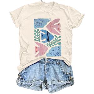 Vintage Wildflowers Graphic Shirt Women's Casual Holiday Short Sleeved T-Shirt Boho Floral Printed Tee Fall Tops (XL)