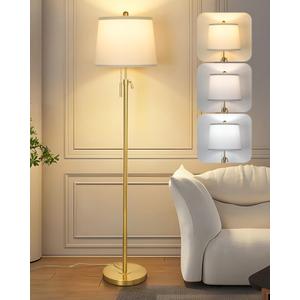 JUNNAI Gold Floor Lamp for Living Room, Tall Standing Lamp 5565" Adjustable Modern Brass Floor Lamps for Bedroom Reading Office Kids 3 Color Lights Corner Night Stand (9W LED Bulb, White Shade)