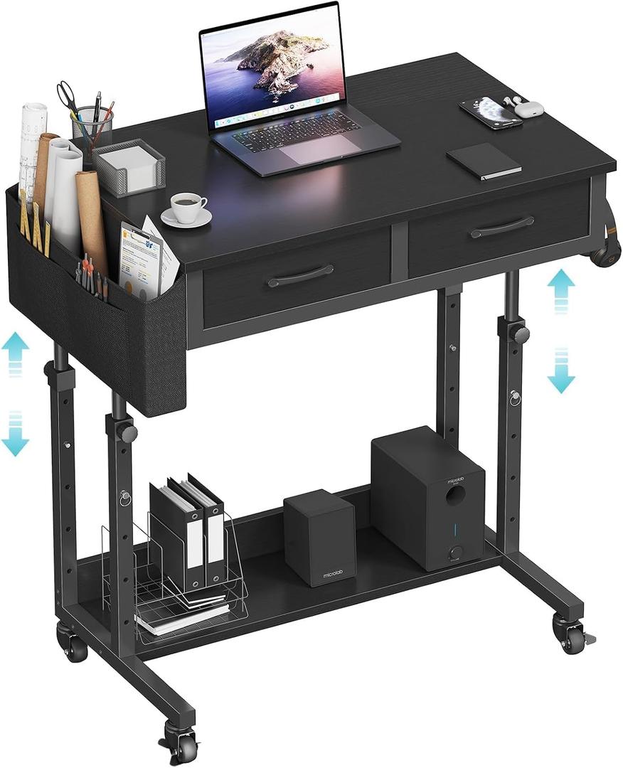 Small Portable Rolling Standing Desk - 32 Inch Adjustable Mobile Stand Up Gaming Desks with 2 Fabric Drawers on Wheels, Couch Sofa Side Laptop Table with Storage for Home Office, Black, 31.5"