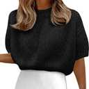 Fisoew Womens Cropped Knit Shirts Casual Puff Short Sleeve Crewneck Solid Loose Lightweight Crop Sweaters Black L