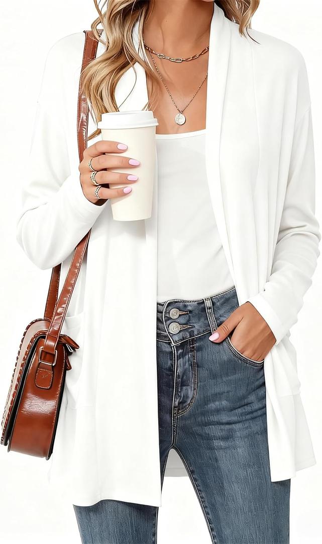 Women's Long Sleeve Lightweight Cardigan Sweaters with Pockets Casual Loose Fit Open Front Jacket Coat (White, M)