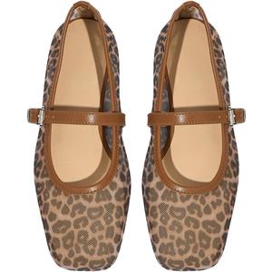 Milumia Women's Leopard Print Mesh Ballet Flats Trendy Square Closed Toe Maryjane Flat Shoes (9.5, Brown)