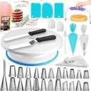 RFAQK 64 PCs Cake Decorating Kit for Beginners Includes Video Course, Booklet + Baking Supplies Gift - Cake Stand, Leveler, 24 Numbered Piping Tips, Straight & Offset Spatula, & Scraper sets