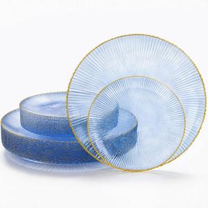 DaYammi 60Pcs Blue Plastic Plates with Gold Rimmed - Disposable Blue Plates Set Includes 30 Dinner Plate & 30 Salad Plates, Radial Texture plates Perfect for Party Wedding Dinner & Catering Events
