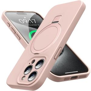 Mag-Ring Designed for iPhone 15 Pro Case, Liquid Silicone [Moisturizing Factor] Extreme Soft Slim Phone Case with Stand [Compatible with MagSafe] for iPhone 15Pro 6.1 inch Men Women, Light Pink