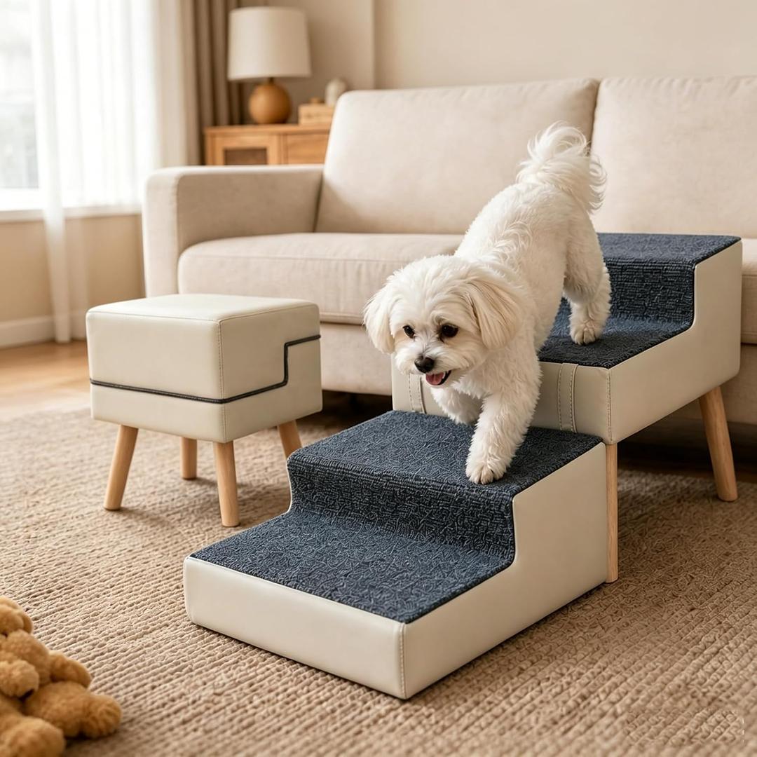 16" H Dog Stairs for Small Dogs, Foldable 2-in-1 Pet Steps & Ottoman, Non-Slip Dog Stairs for Couch, Wooden Pet Stairs Ramp for Puppy Senior Injured Dogs Grey