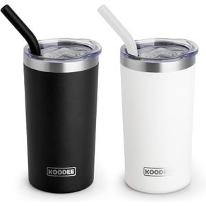 koodee Coffee Tumbler-12 oz Tumbler with Lid and Straw-Stainless Steel Double Wall Vacuum Insulated Tumbler Cup for Women (Black-White)