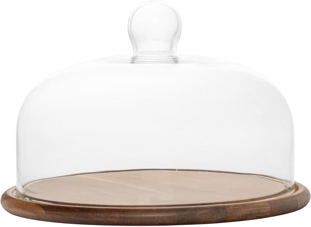 Perco 11" Wood Cake Stand with Glass Dome Lid  Rustic Cake Plate with Cover for Dessert Display, Birthday, Wedding, Kitchen Party, Baking Gift, Charcuterie or Cheese Board Use